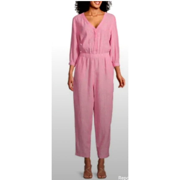 Liz Claiborne Pants - Liz Claiborne L Wide Leg LINEN Jumpsuit Slouchy One Piece Coveralls Elastic Pink